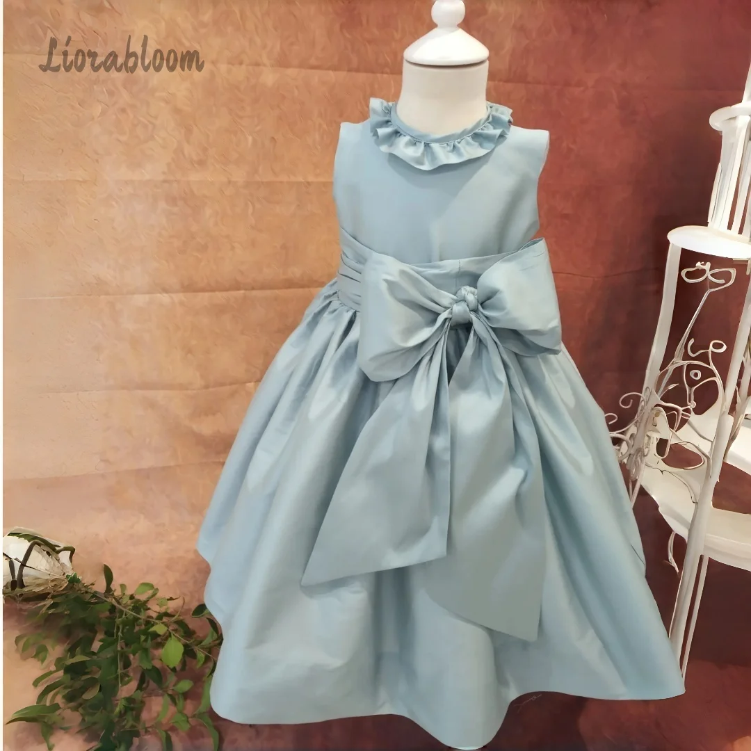 Abito formale blu da bambina con colletto in pizzo e fascia con laccetti sul retro, abito da damigella d'onore per matrimoni e feste