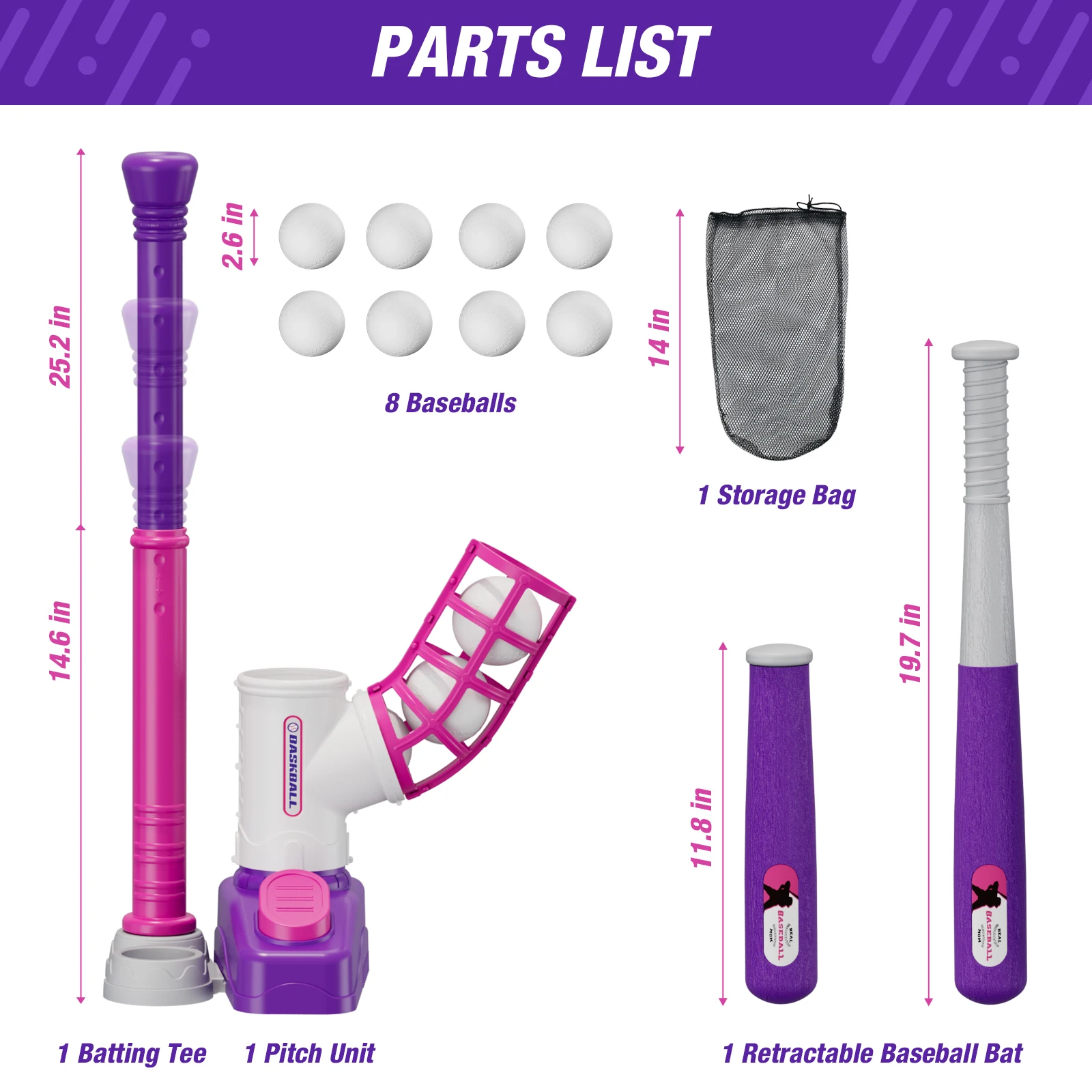 ชุดเทเบิลบอลสำหรับเด็กเล็กอายุ 3-5 ปี พร้อมเครื่องยิงลูกแบบมีขั้นบันได ทีตีปรับระดับได้ ไม้ตีแบบยืดหดได้ และลูกบอลแบบป๊อปอัพ 8 ลูก ของเล่นกีฬากลางแจ้ง