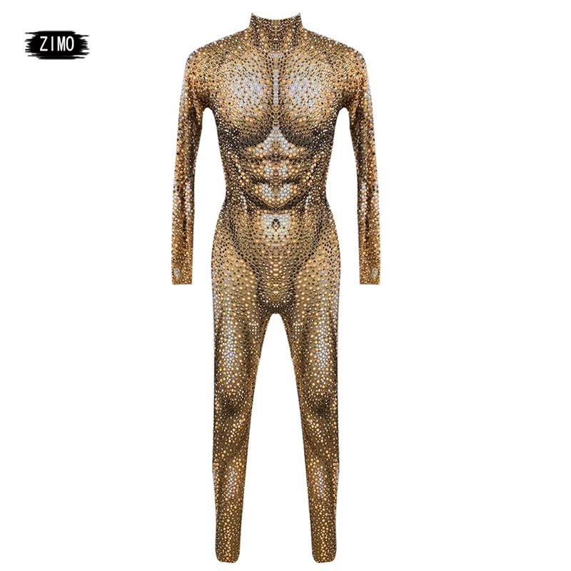 Shining Pearl Nude ​Muscle Sexy Men Jumpsuit Long Sleeves Rhinestones Outfit Evening Celebrate clothing Birthday Dance Costume