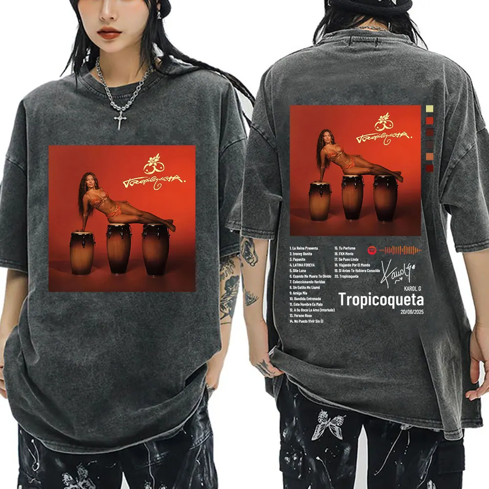 

Karol G Tropicoqueta 2025 Album Cover T-shirt Men Women Clothing Washed Vintage T-shirts Casual Cotton Short Sleeve Tee Shirt