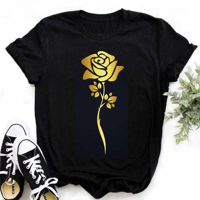 New Fashion Gold Rose Print Women T Shirt Harajuku Short Sleeves Tshirts Casual O-neck Top Tee Shirt Women Black T-shirt