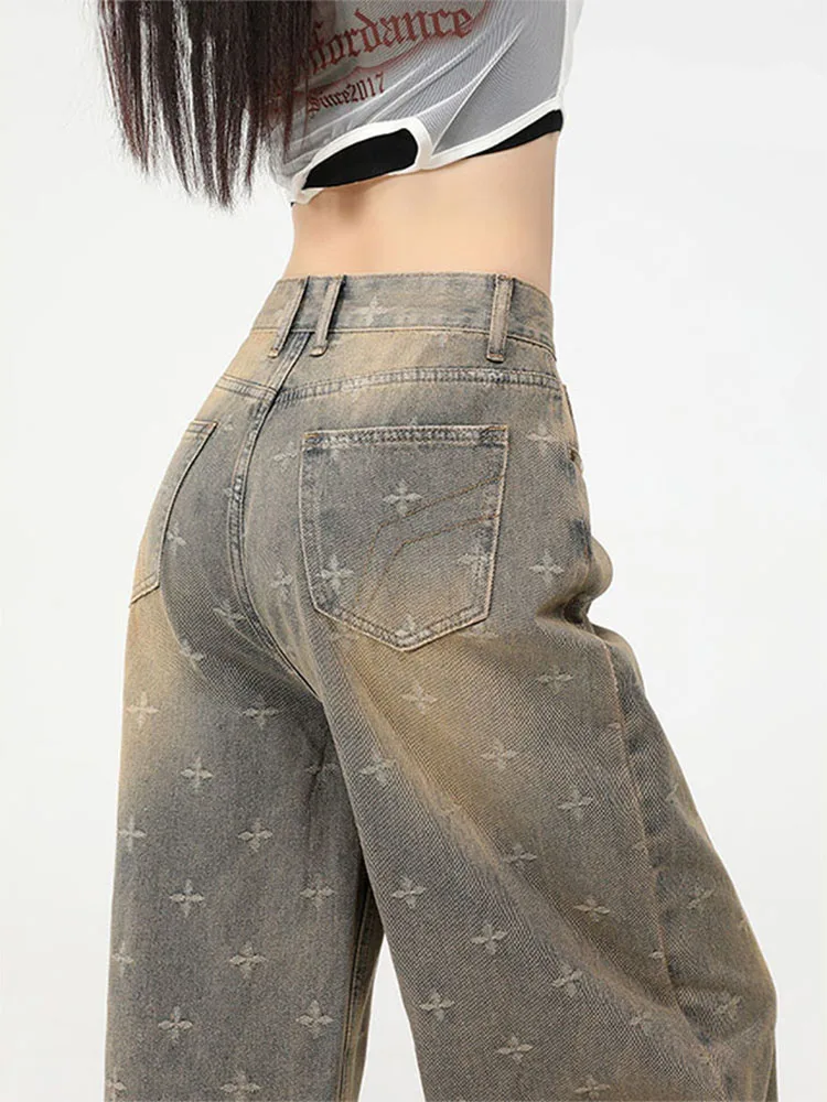 

American Waed Vintage Wide Leg Denim Jeans Women's Loose Fitting Slimming Heavy Du Cross Star Floor Length Pants