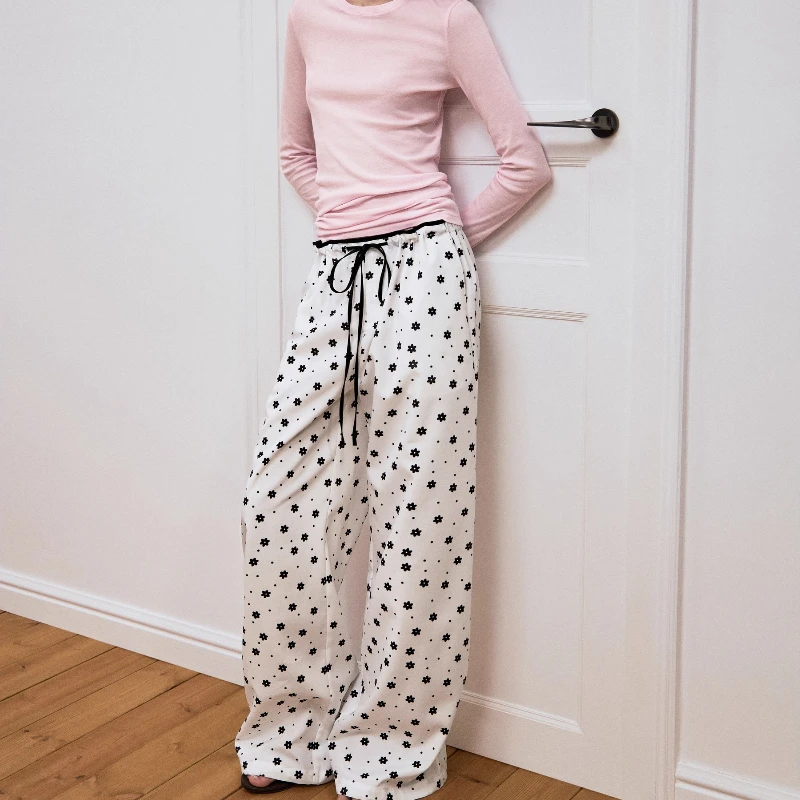 Original Mid-Low Waist Polka Dot Floral Women's Trousers Summer New Color-Block Loose Light And Thin Wide-Leg Long Pants Ladies