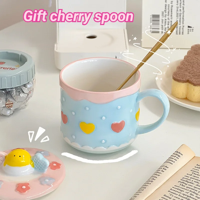 Cartoon Strawberry Cake Ceramic Coffee Mug Cute Student Water Cup with Lid Send Spoon Office Household Teacups High Level Gifts