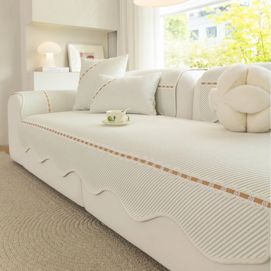 Modernes Eisseide-Kühlgefühl Sofatuch Sommer Universeller Rutschfester Sofabezug Atmungsaktives Gestreiftes Sofa-Sitzkissen für Zuhause