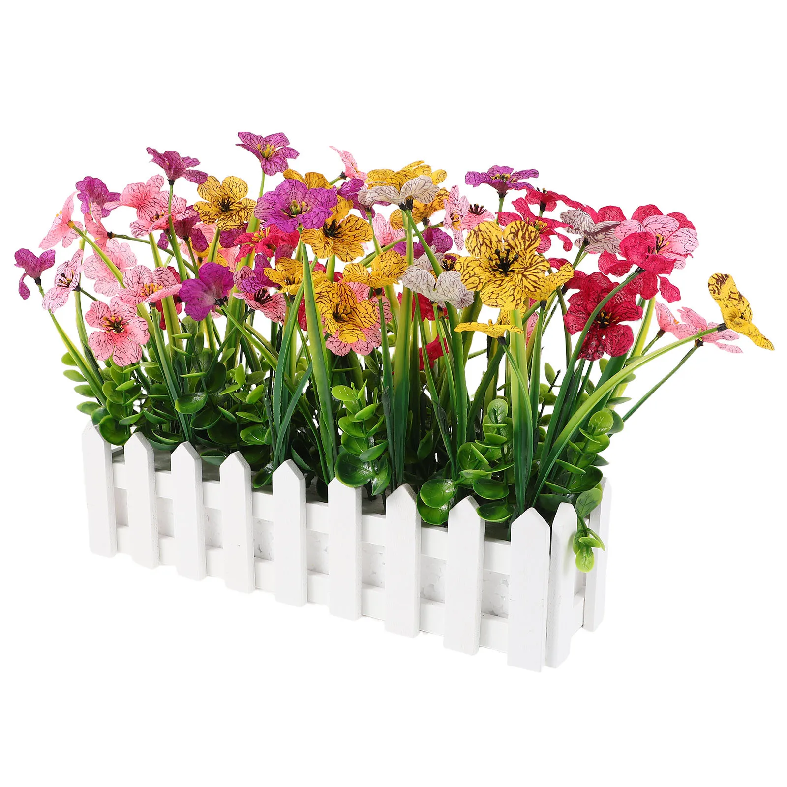 

Artificial Violet Flowers Potted Realistic Faux Plants in Wooden Fence Pot for Indoor Wedding Centerpieces Home Decor Seasonal
