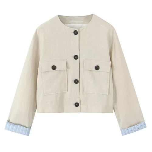 Imagen 2 del producto -Conjunto de pantalones y chaqueta corta holgada para mujer, abrigo con una botonadura y cuello redondo, Pantalones rectos de cintura alta, traje elegante para primavera y verano