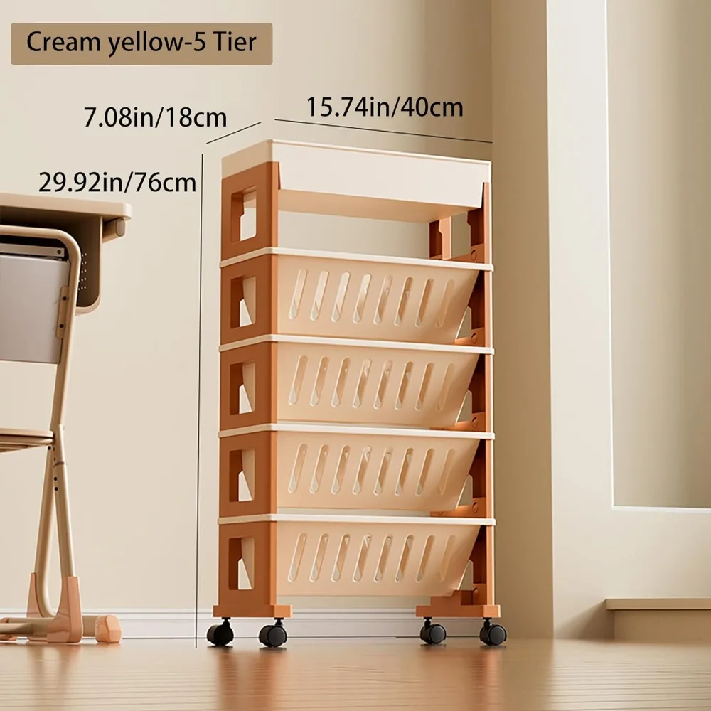 5 Tier Book Rack Storage Bookshelf, Mobile Bookshelf with Wheels, Removable Movable Unique Bookcase, Rolling Book Cart