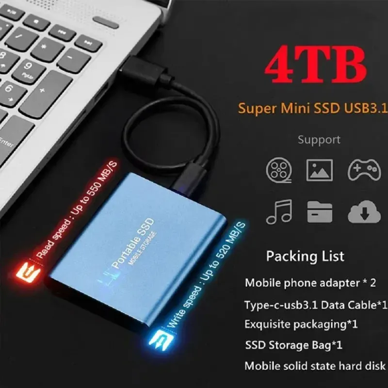 القرص الصلب 2 تيرا بايت محمول SSD 4 تيرا بايت محرك الحالة الصلبة الخارجي USB 3.1/Type-C محرك الأقراص الصلبة الخارجي عالي السرعة للتخزين للكمبيوتر/Mac/الهاتف