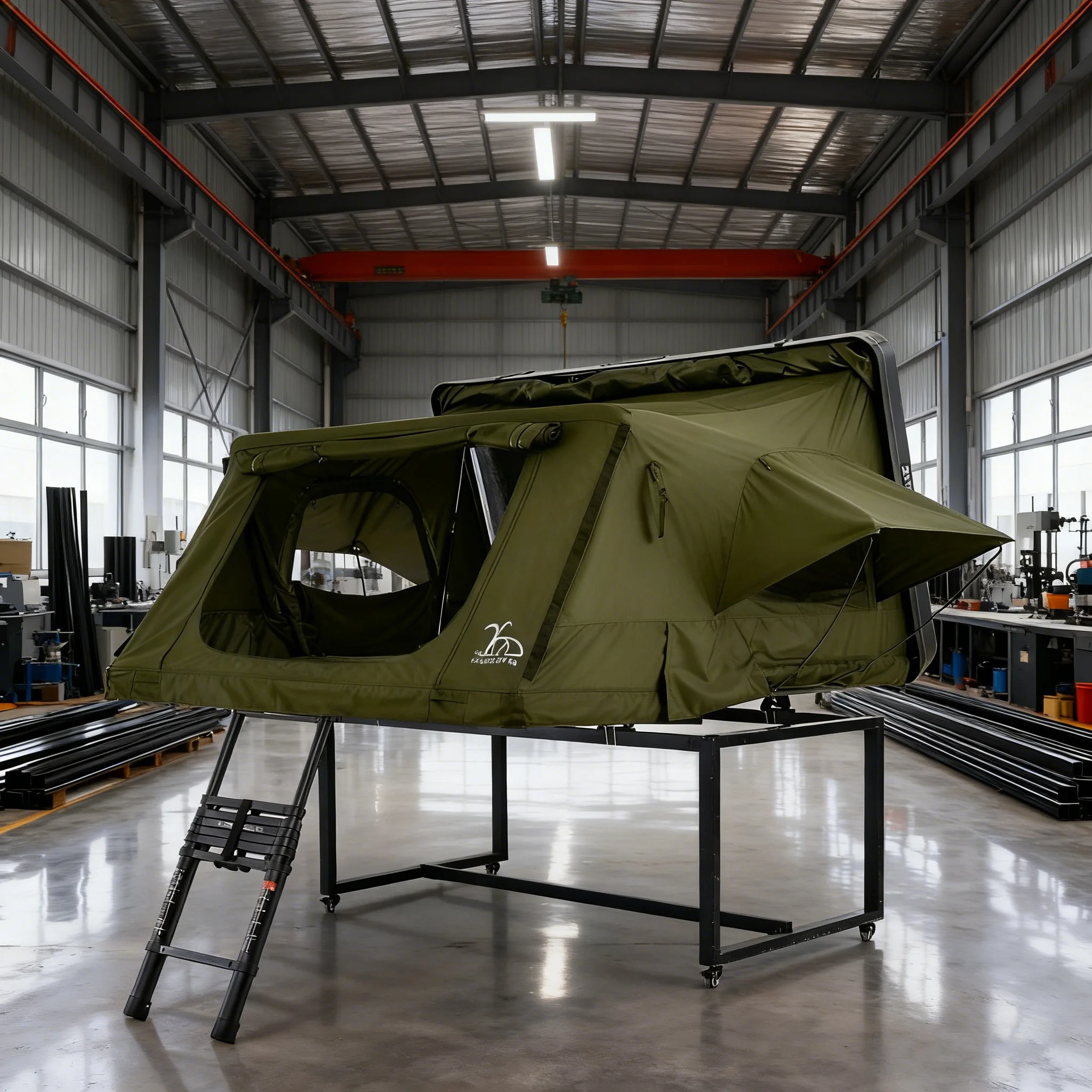 

Rollover ABS Shell Army Green Canvas Rooftop Tent with Telescopic Ladder