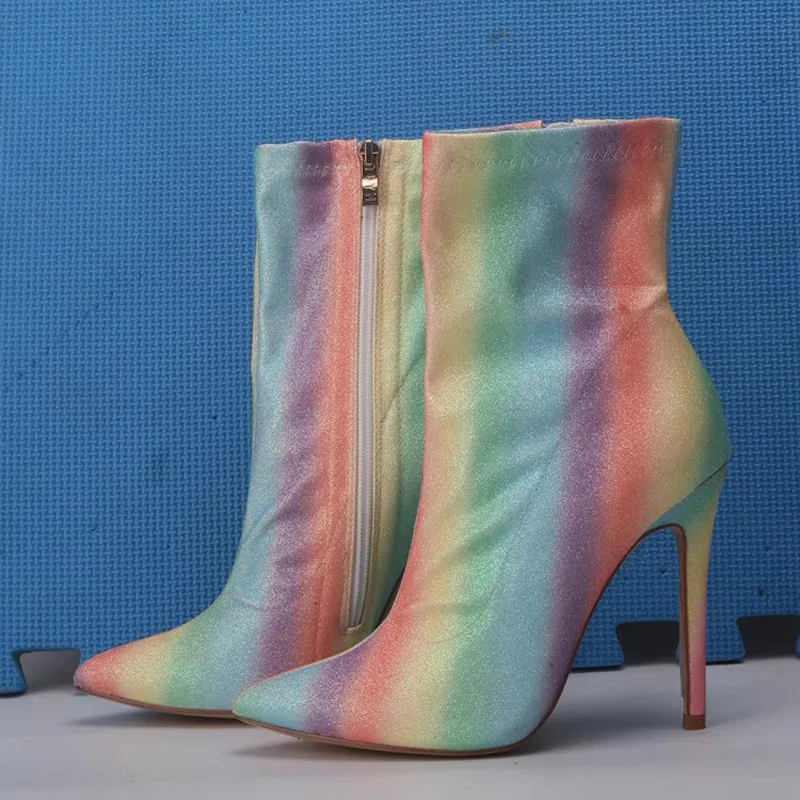 Sexy High Heel Bling Rainbow Lycra Sock Boots Pointed Toe Zipper Side Stretch Colorful Ankle Boots Party Shoes for Woman