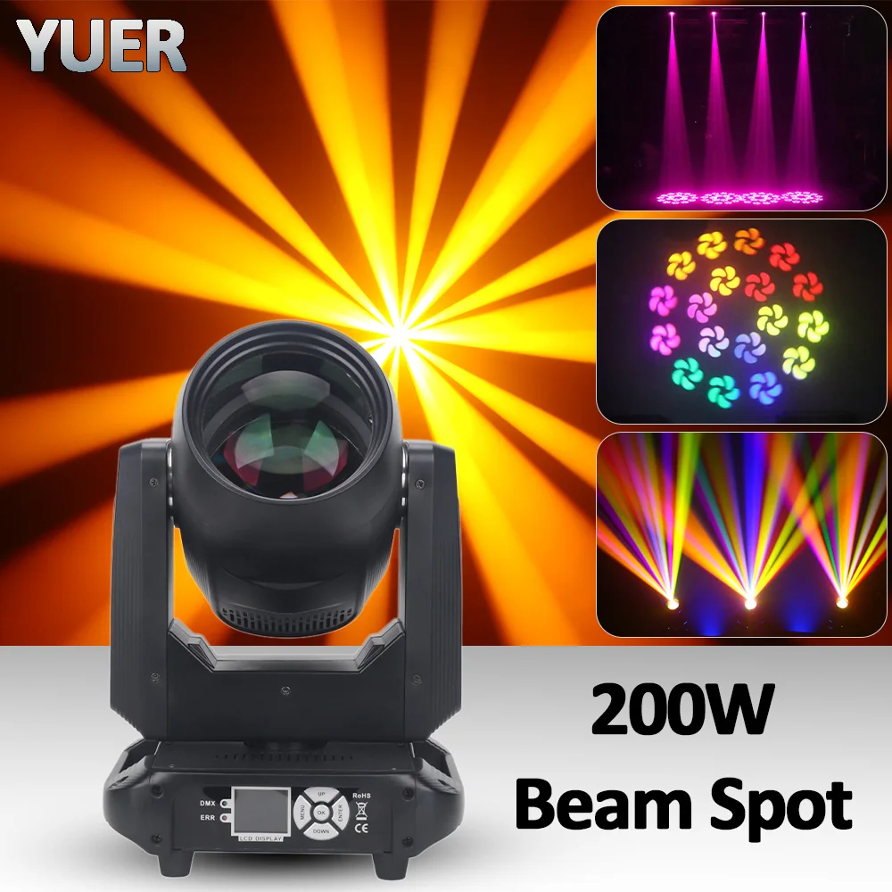 LED 200W Beam Spot Focus Rainbow Effect Mvoing Head Dj Party Wedding 18Prism Stage Lighting Concert Decoration DMX Music Control