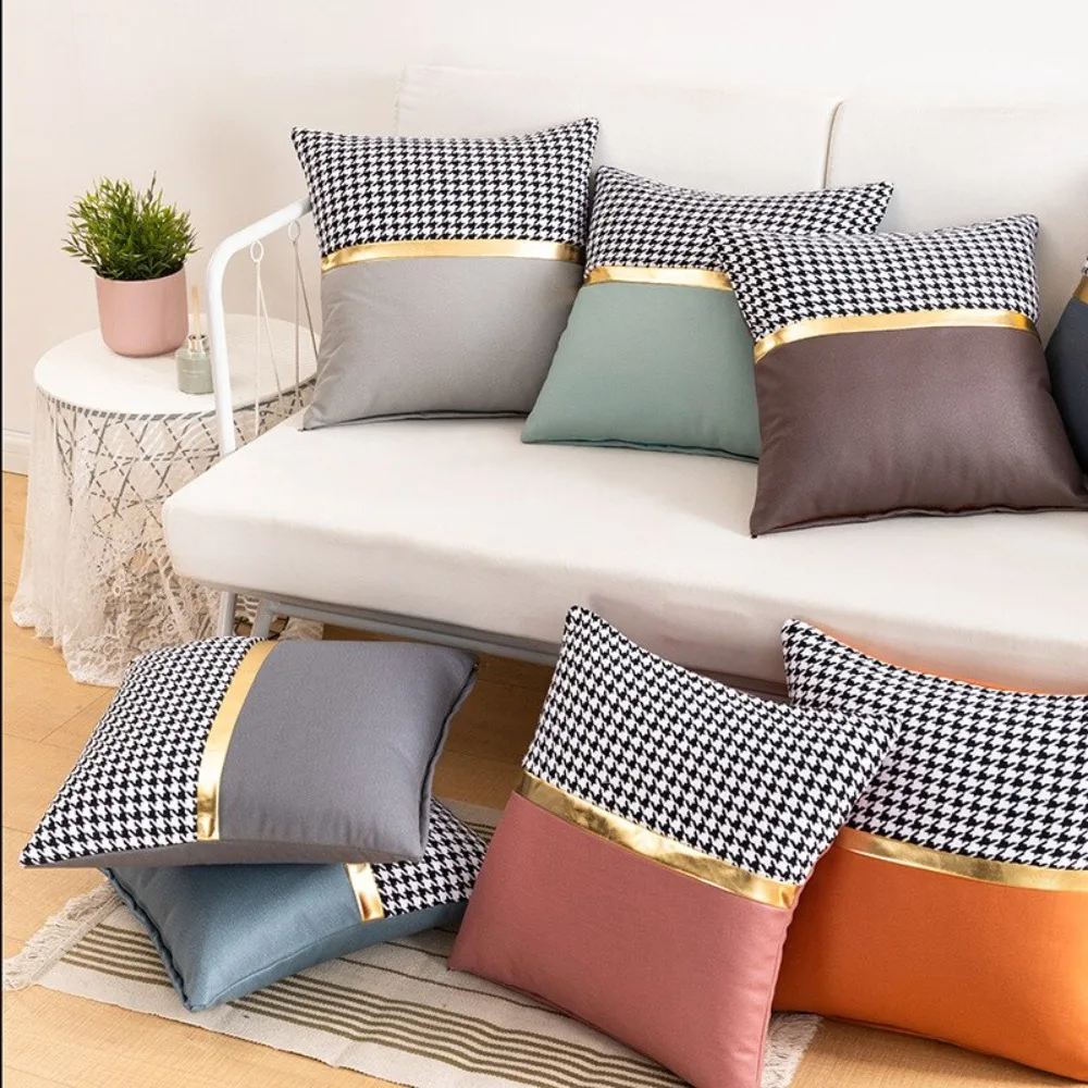 CIFBUY Fashion PU Leather Tech Cloth Houndstooth Patchwork Cushion Cover Decorative Throw Pillow Case for Sofa Home Decor