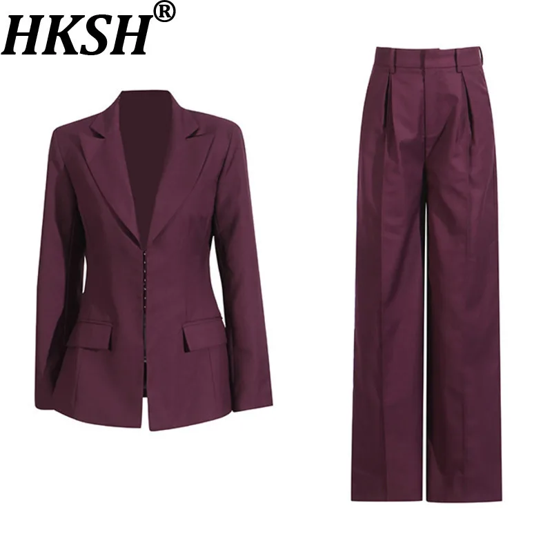 

HKSH Spring Autumn New Women Two-Piece Suit Set Notched Collar Solid Color Fashion Blazer Straight Pants Office Lady Ins HK13646