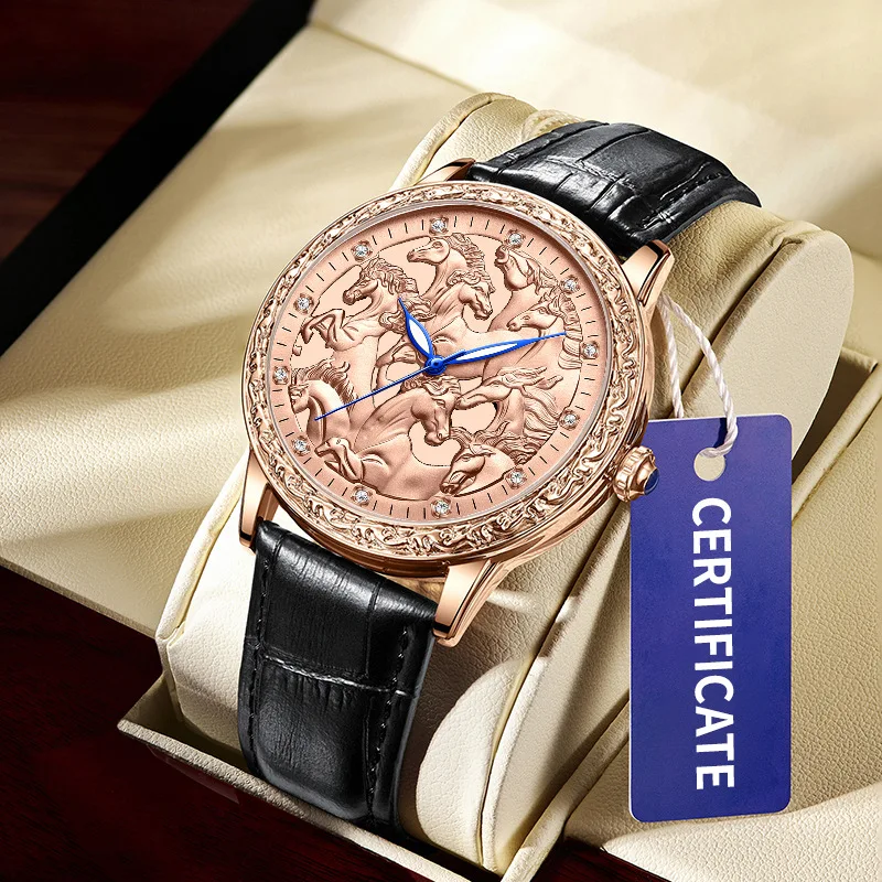 2026 New Men's Retro Carving 3D Eight Steed Leather Strap Quartz Watch Carving Luxury Waterproof Fashion Watch