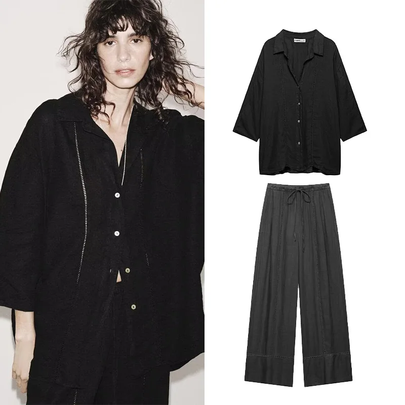 

TRAF Women's Palazzo Pants Sets Summer Long Sleeve V Neck Shirt Wide Leg Trousers With Drawstring Two Piece Set Women Outfit