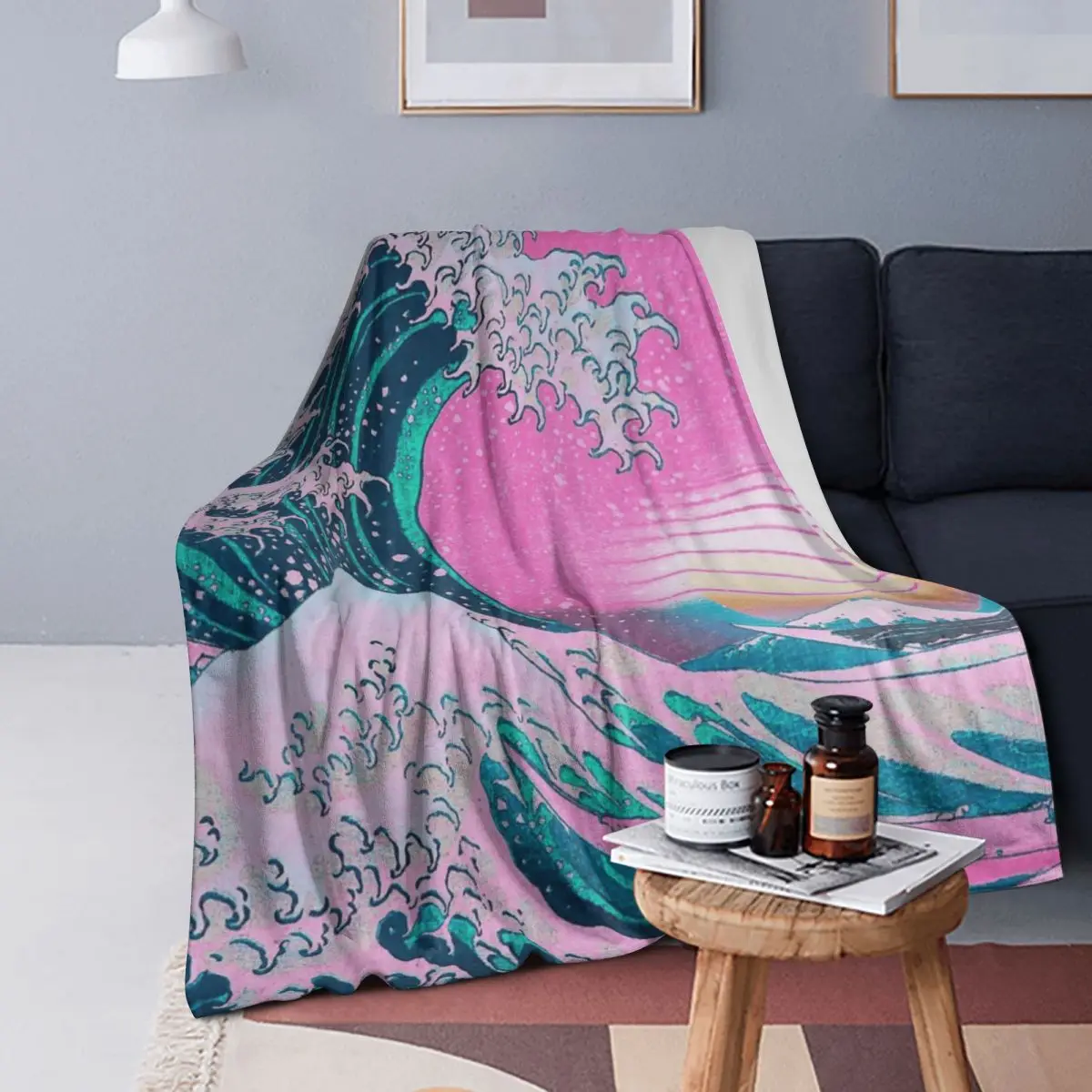 

Vaporwave Aesthetic Great Wave Off Kanagawa Retro Sunset Blanket Warm Flannel Throw Blanket Bedding for Bed Living room Picnic
