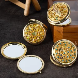 Miroir de poche rétro en métal doré, compact, cosmétique, vintage, cristal, portable, maquillage, vanité, outils de beauté