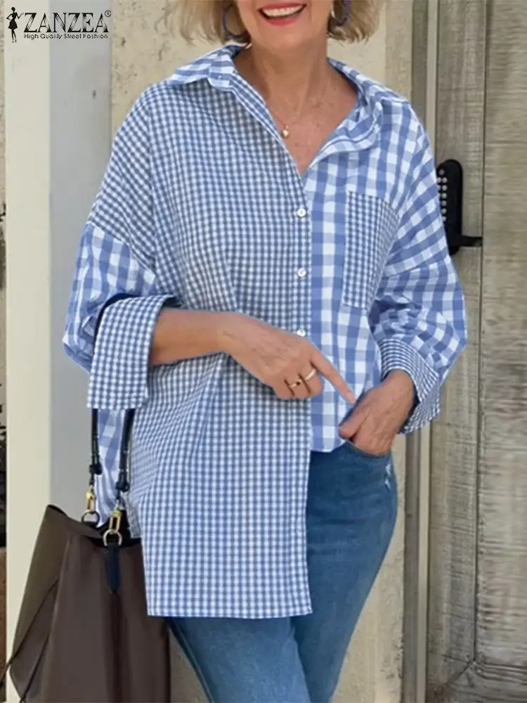

ZANZEA Checked Patchwork Long Shirts Turn-down Collar Casual Loose Fashion Long Sleeve Camisas Autumn 2024 Streetwear Blouses