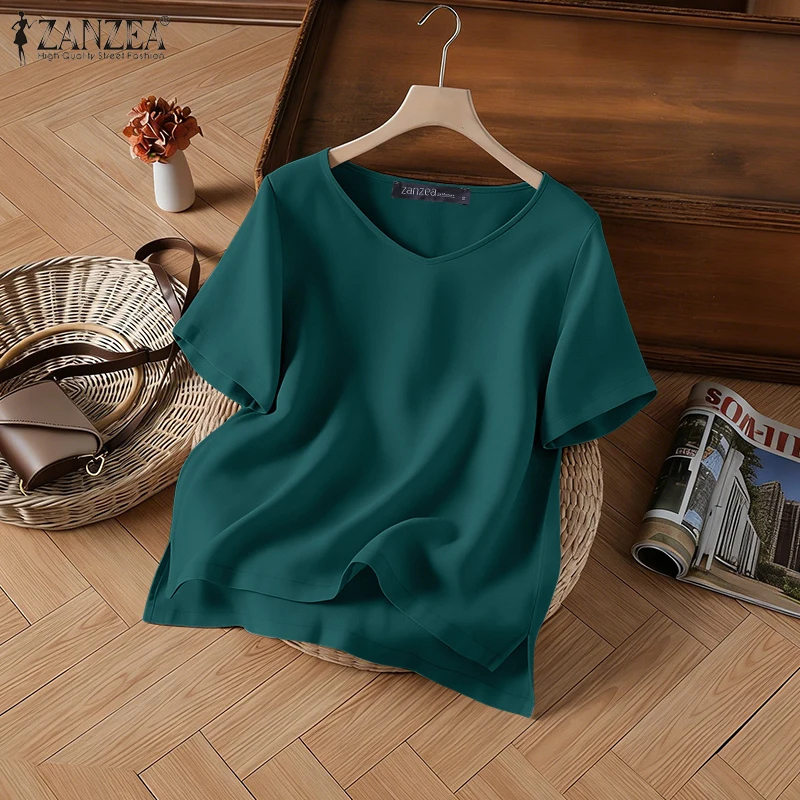 

2026 ZANZEA Летняя женская блузка из хлопка в винтажном стиле, повседневная, с V-образным вырезом, коротким рукавом, однотонная, для офиса, оверсайз