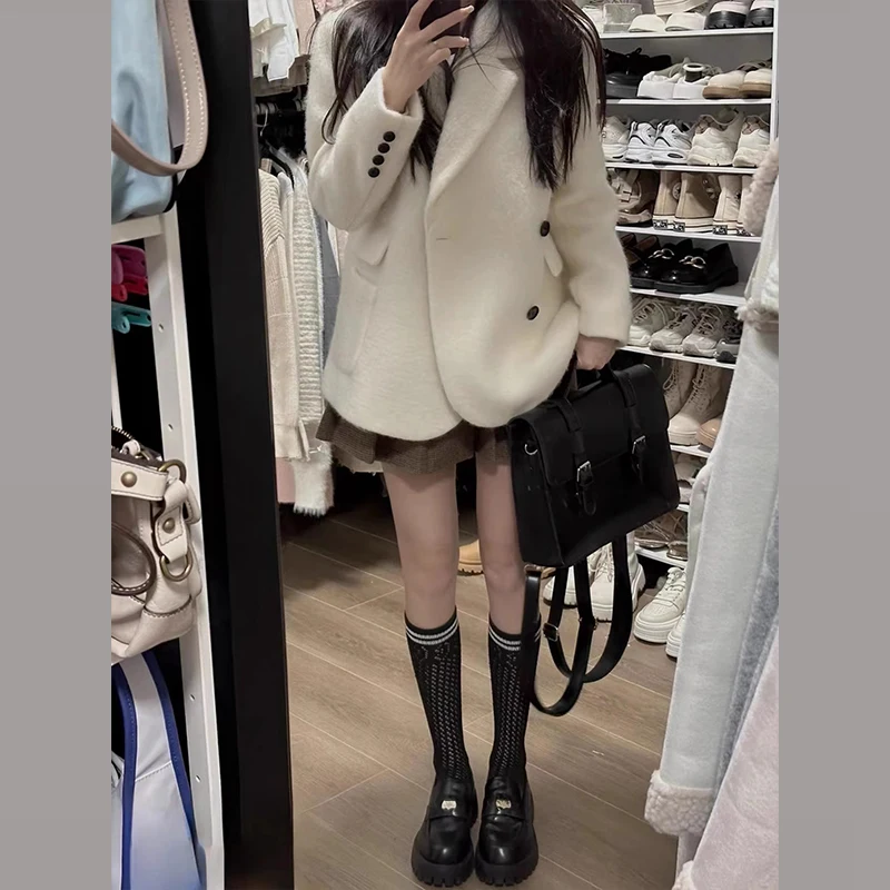 UNXX Korean-style Petite White Short Woolen Coat Suit Jacket Women's Autumn and Winter 2023 New Popular Thick Style High Quality