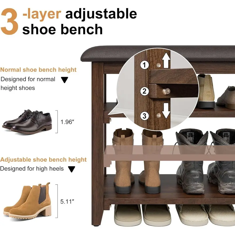 Rustic 3-Tier Adjustable Height Wood Shoe Bench with Leather Cushion, Brown, 47.2 for Hallway & Mudroom Storage