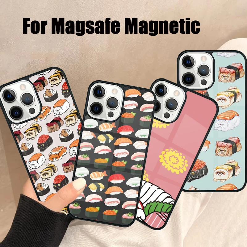 Chinese Dragon Noodle Funny Cat Sushi Magsafe Phone Case For iPhone 16 15 14 13 12 11 Pro Max Plus Wireless Magnetic Cover