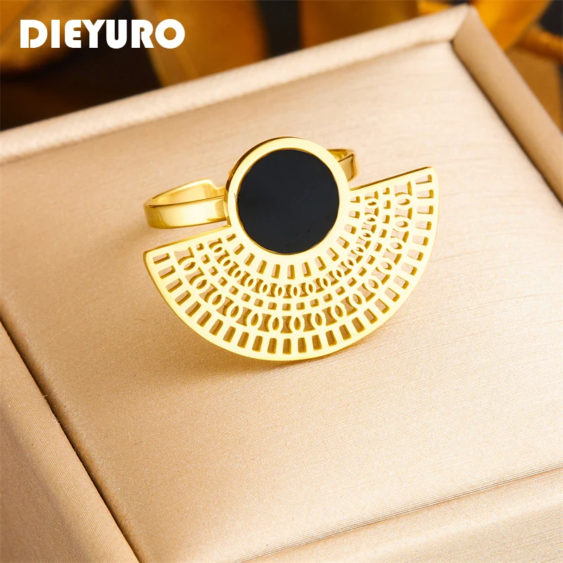 

DIEYURO 316L Stainless Steel Semi-Circular Black Adjustable Finger Ring For Womens Girl Fashion New Jewelry Gift Party anillos