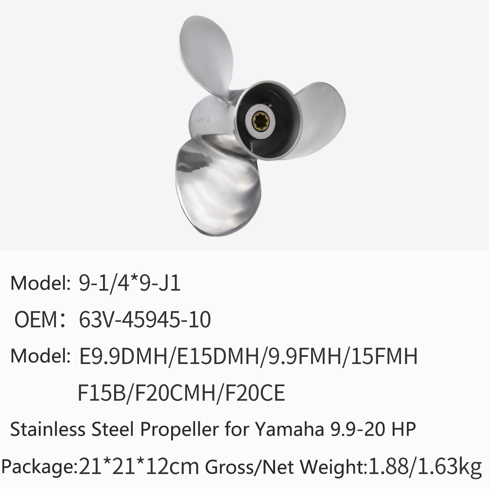 Outboard Motor Stainless Steel Propeller for Yamaha 9.9-20 HP 9 1/4X9-J1 E9.9DMH E15DMH 9.9FMH F20CMH F15B 63V-45945-10