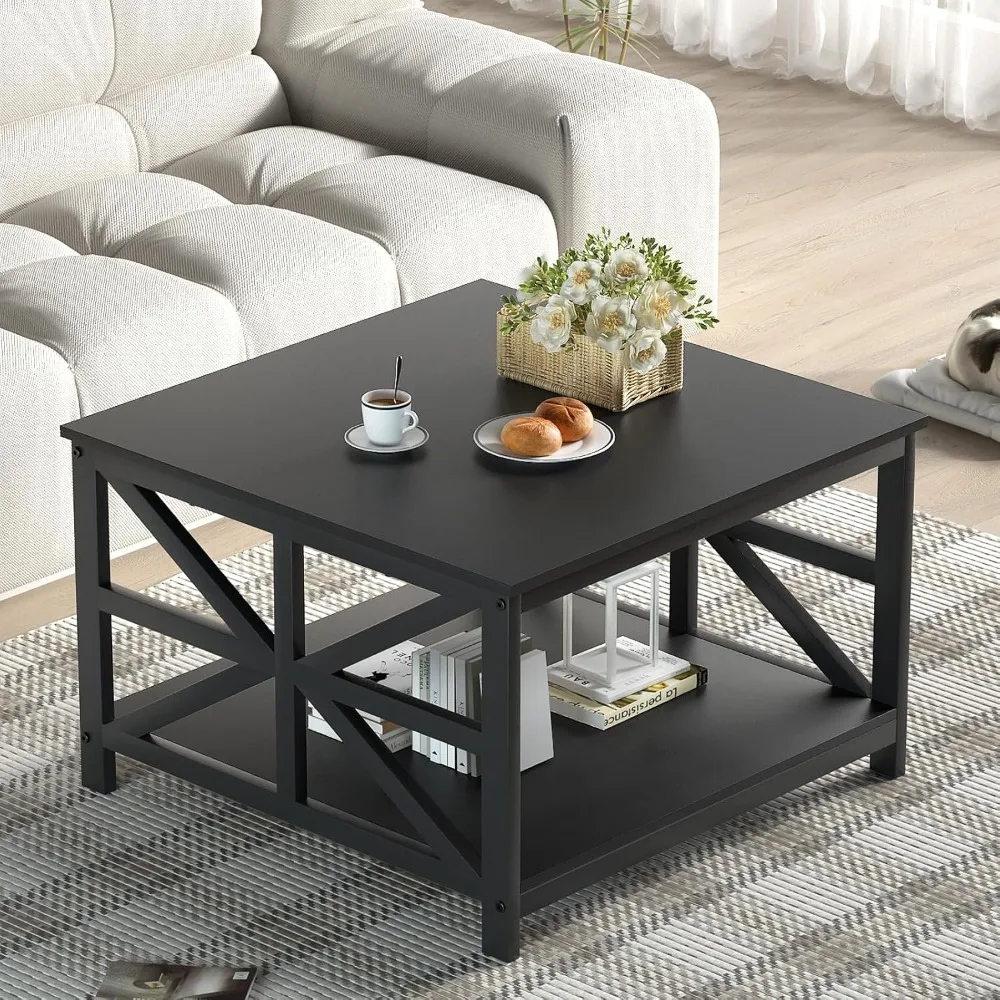 

Coffee Table with Storage for Living Room, Small Square Center Tables with Seamless One-Piece Tabletop Farmhouse Style, Black