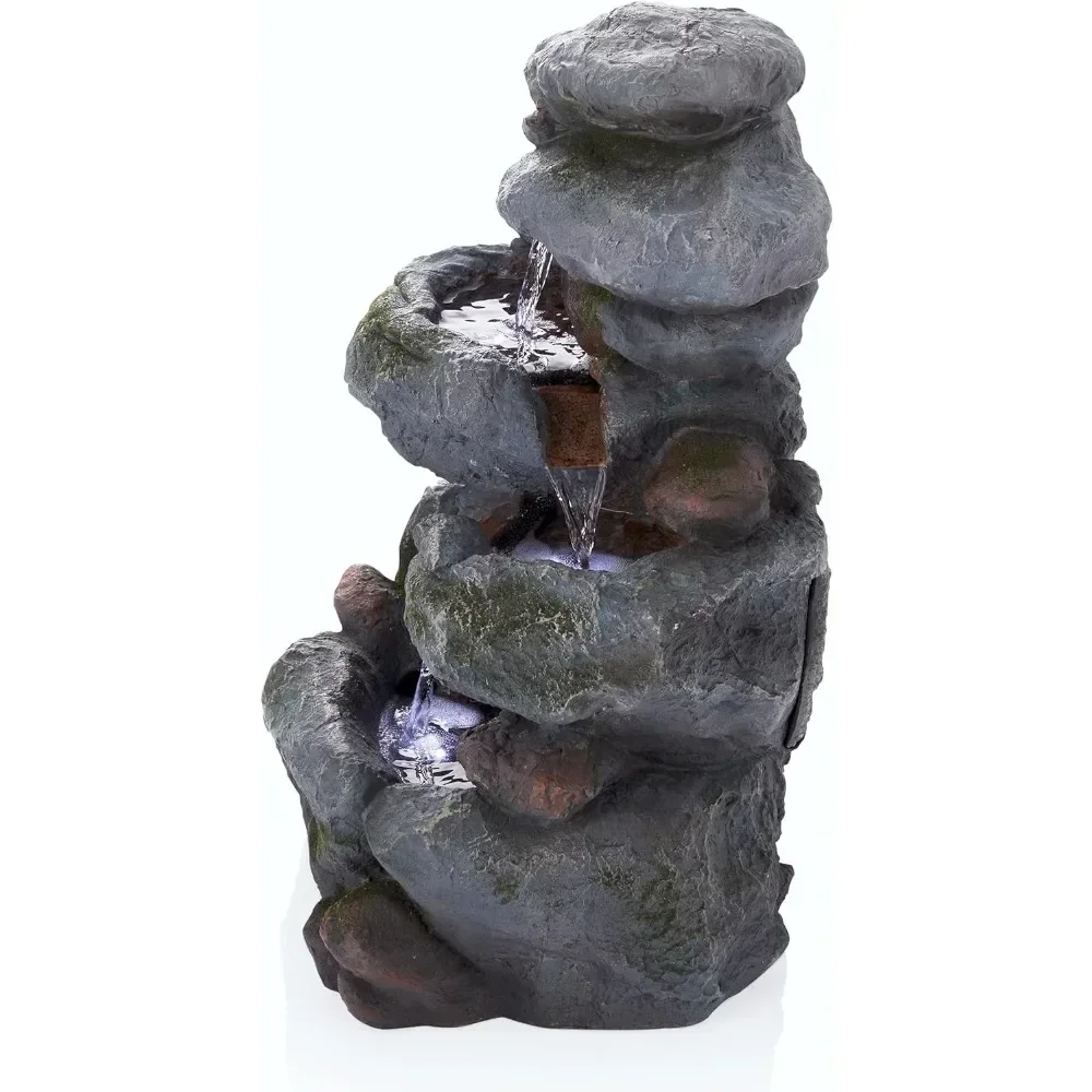 3-layer rock waterfall fountain with LED lights and natural stone appearance, 15 inches long x 13 inches wide x 22 inches high