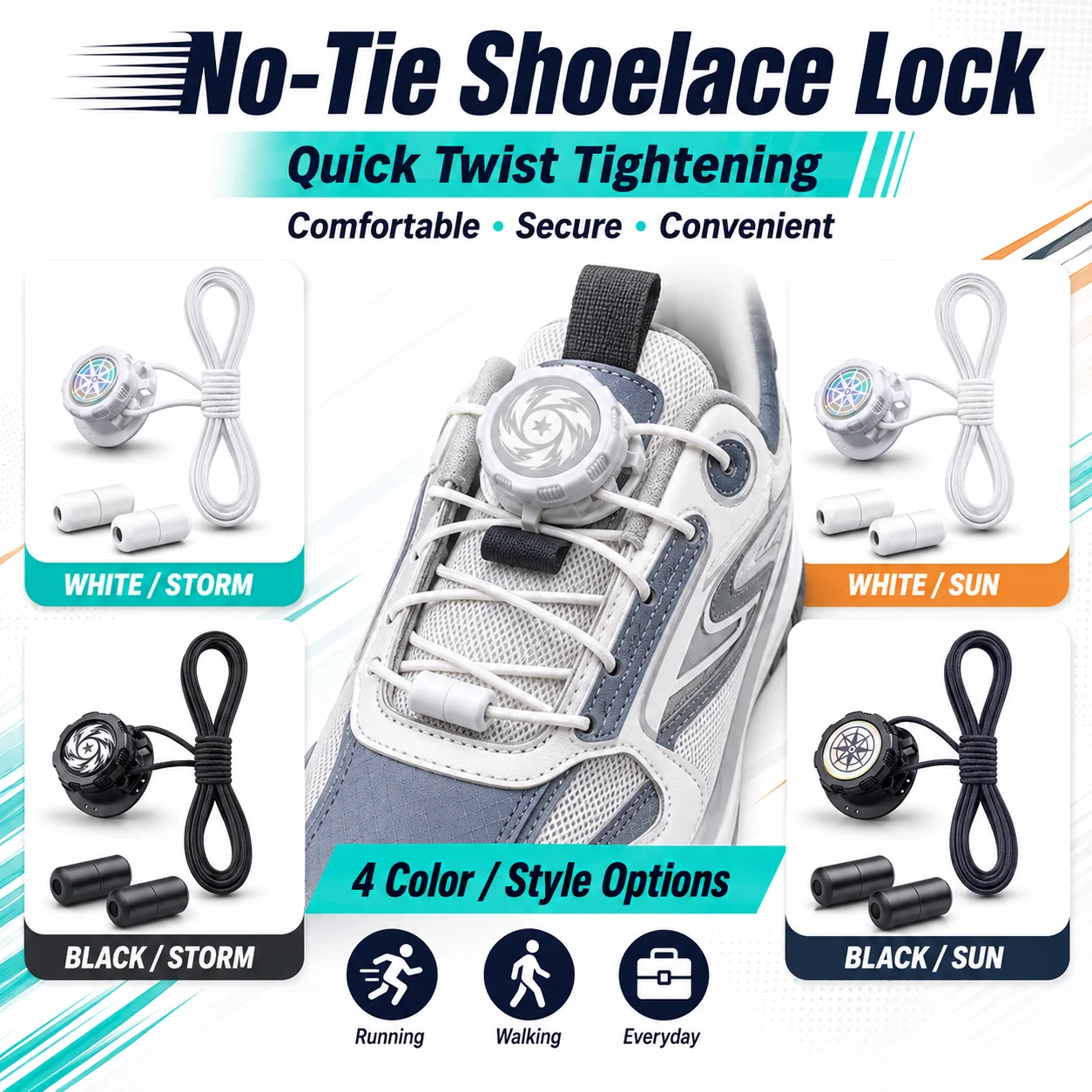 1Pair Quick Twist No Tie Shoelace Lock Set Compass Pattern Elastic Shoe Laces Adjustable One Hand Tightening Shoelace System For Running Walking Daily Sneakers 4 Styles Optional