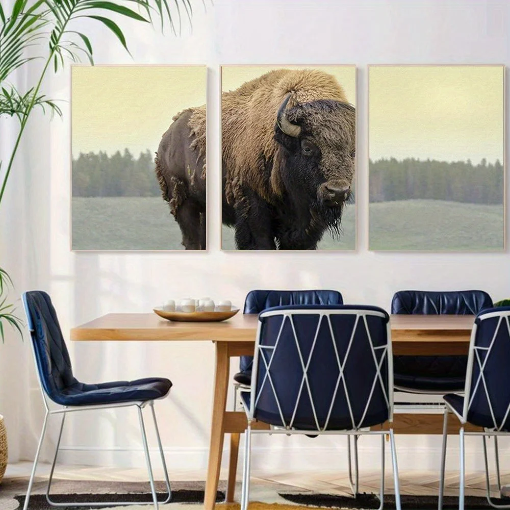 2D Flat 3pcs Unframed wall Canvas Print Wall Art Set Yellowstone National Park Grasslands Bison Animals Wildlife Photography