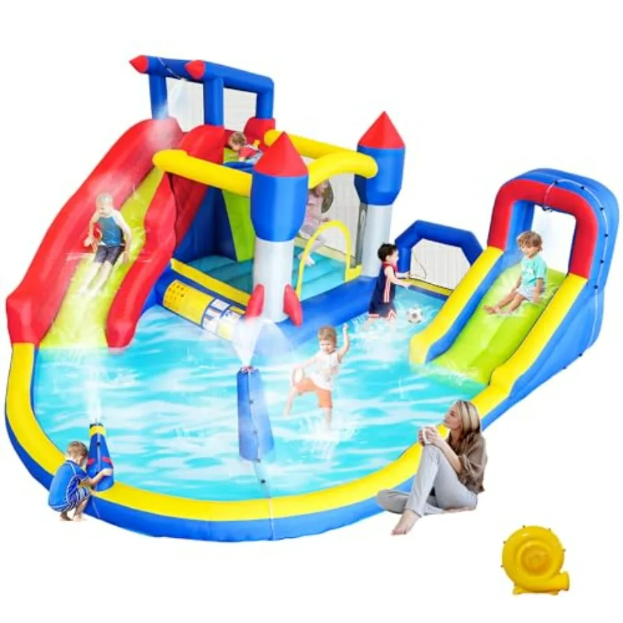 

Inflatable Bounce House Water Slide Combo for Backyard Blue and White PVC Material Splash Pool with Climbing Wall Basketball Ho