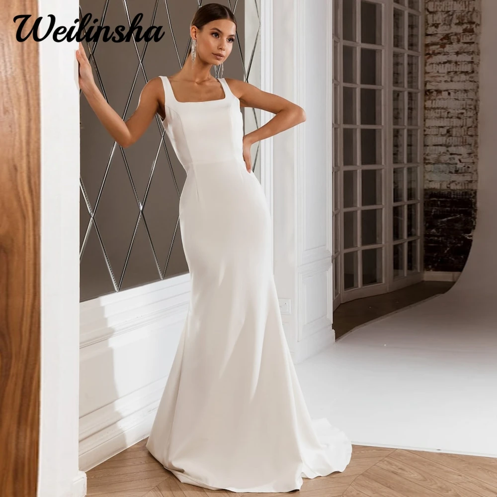 

Customized 2023 Simple Wedding Dress Elegant Square Neckline Sheath Jersey Bridal For Woman Backless Sweep Train Vestido De Nov