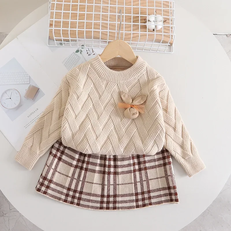 2024 Autumn Girls Casual Sweater Set Winter Little Girl Halloween Checkered Sweater Two-piece Sets Baby Girl Fashion Clothing