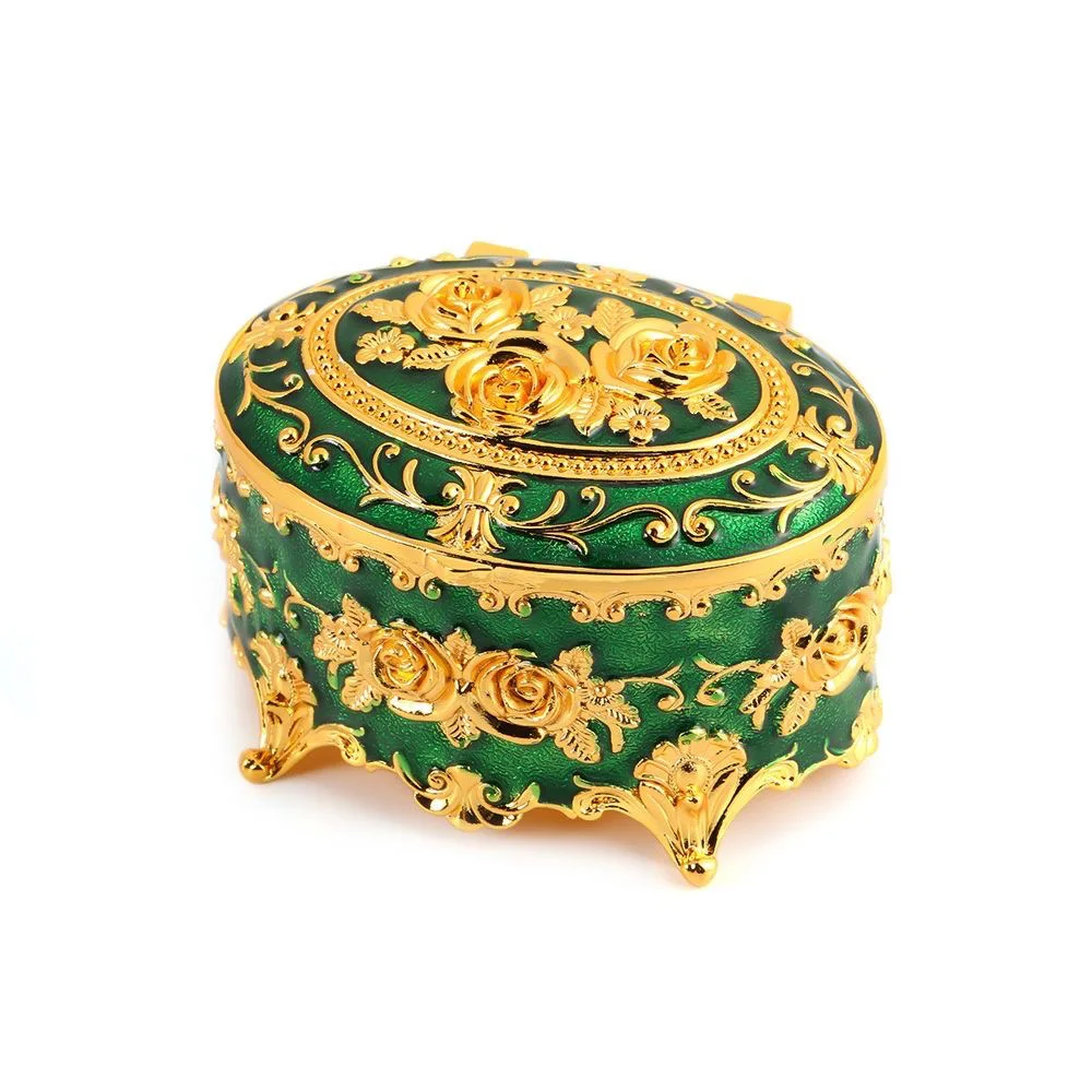 European Retro Rose Jewelry Box High-end Creative Enamel Color Dressing Table Metal Storage Container Oval Earrings Organizer