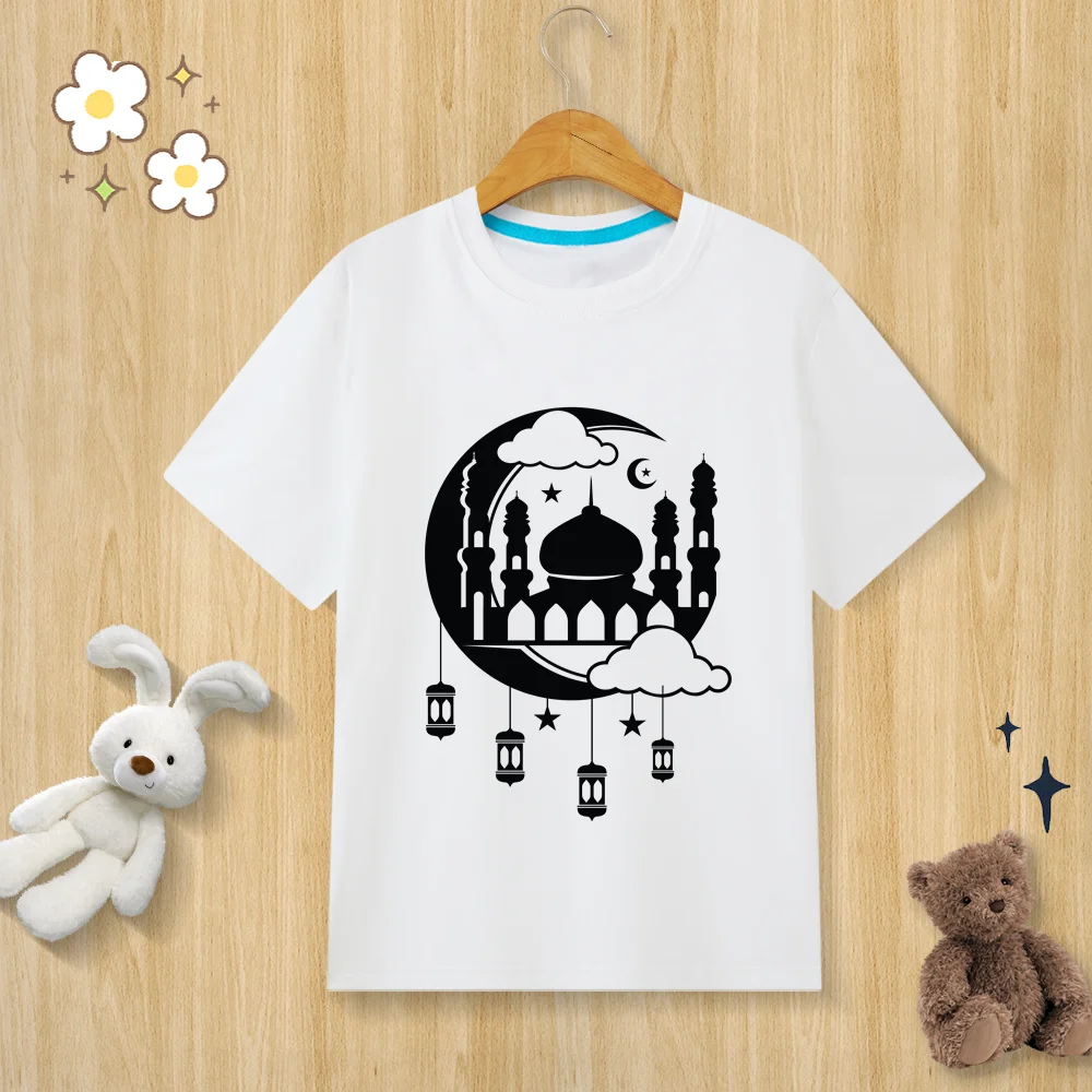 Children’s Pure Cotton T-shirt Ramadan Moon Print T-shirt  O-neck Short Sleeve Kids Clothes Boys Clothes Girls Clothes