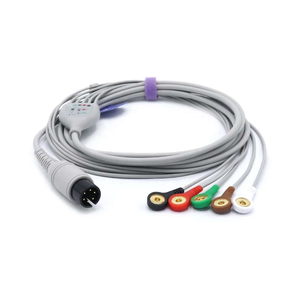 Compatible Mindrays 3.4 Meters Integrated Fixed ECG Cable 6 Pins 5 Leads AHA Buckle Compatible PM Series OM-9000 PM-6000