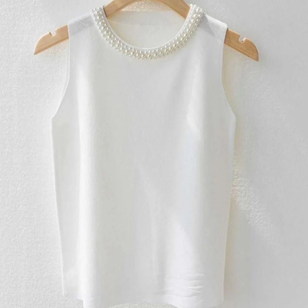 Women's Casual Knit Vest Top Sleeveless Round Neck Beaded Detail Solid Color Lightweight Summer Layering Piece