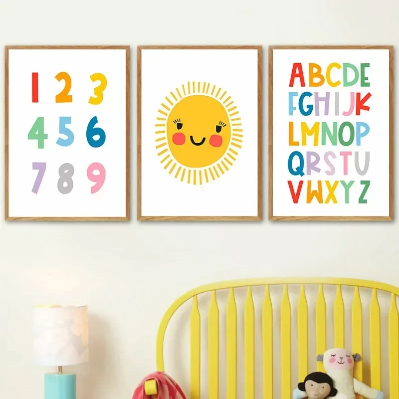 SUN ABC الأبجدية و 123 الأرقام العربية الكرتون ملصق فني للأطفال التعلم المبكر الفصول الدراسية غرفة الاطفال الحضانة الديكور جدار أ