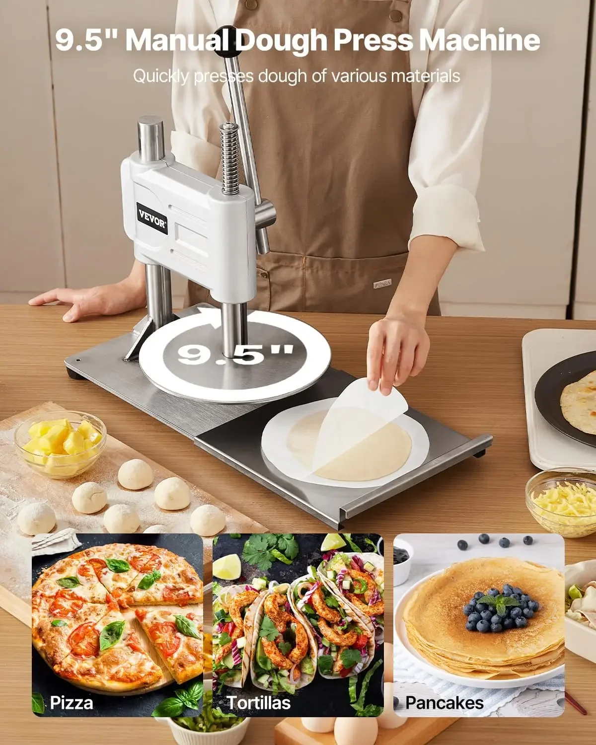 Manual Pizza Dough Press Machine, 9.5 inch Pizza Pastry Press Plate, Stainless Steel Bread Presser, Commercial Chapati Sheet Cru