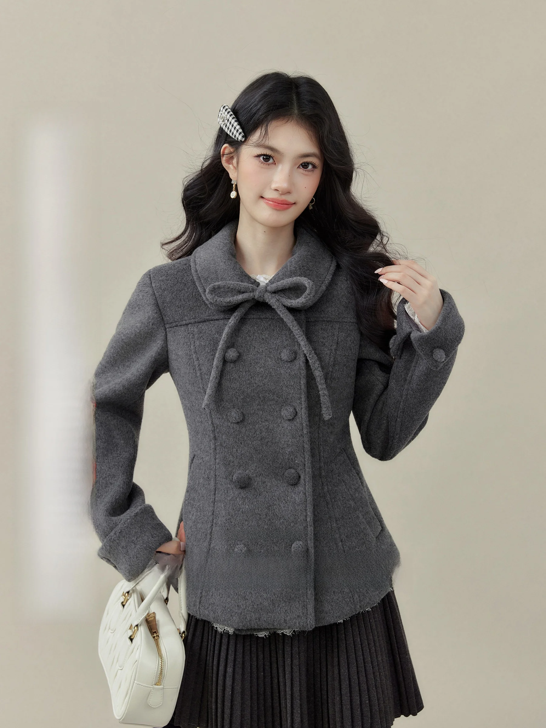 

Qiu Yang Xiwei "Evening Barcelona" plus Size ort Coat Casual Sle Loose Fit Waist Cinching Turn-down Collar ey Outerwear