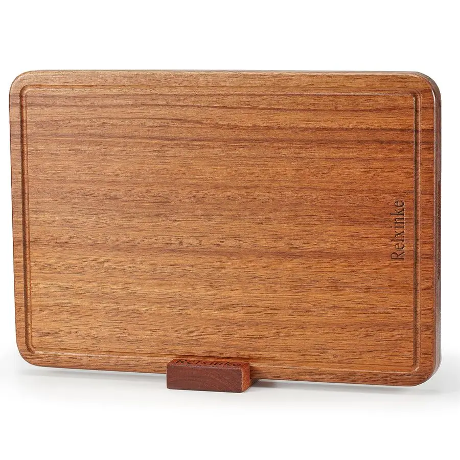 

Teak Wood Cutting Board One Piece Non Glued Large Thick Crack Resistant Wooden Chopping Board with DeepJuice Grooves Built in Ha