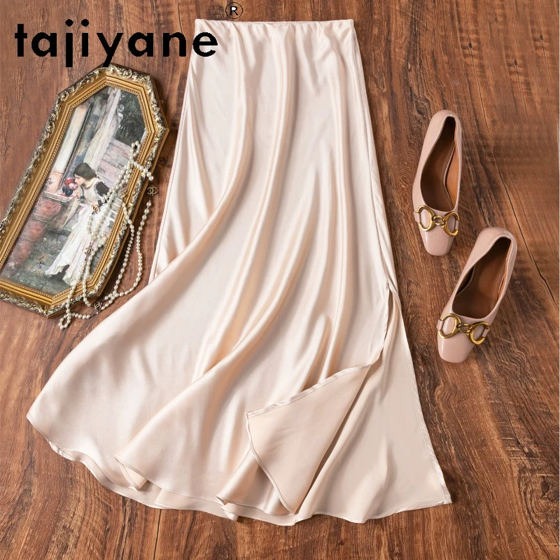 TAJIYANE 93% Natural Mulberry Silk Women's Skirts Pink Midi Skirt Side Slit Flowy A-Line Skirts Summer Woman Clothes 2026 faldas