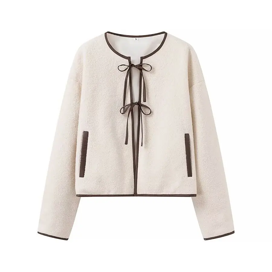 

2025 Autumn Women's Stylish Crew Neck Beige Jacket French-Style Short Outerwear with Bow Detail Design Office Tops Daily Casual