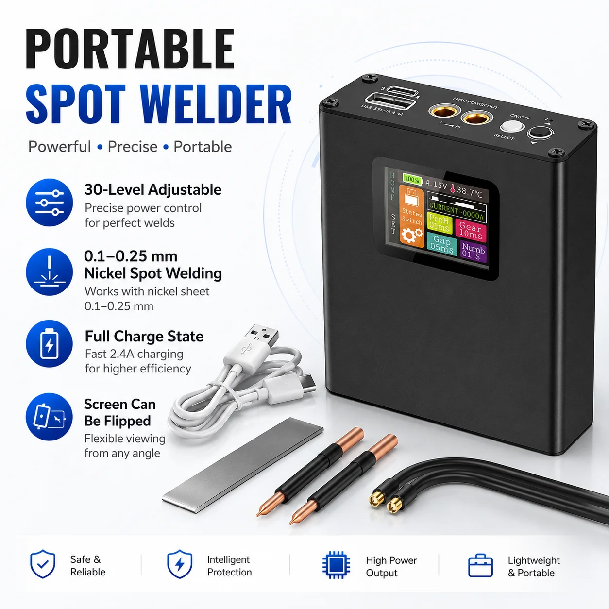 Image of Tragbares Punktschweißgerät mit Farbbildschirm, 30-stufig einstellbar, 5000-mAh-Akku-Schweißgerät mit Klappdisplay und maximal 0,25 mm Schweißstärke