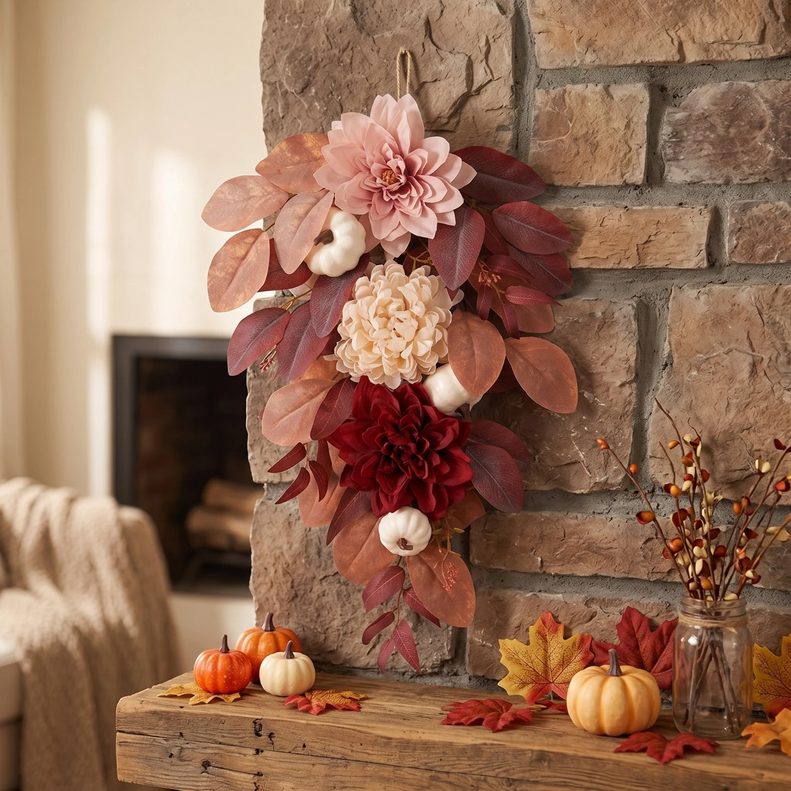 Fall Harvest Door Swag Autumn Teardrop Wreath with Pumpkins Fall Teardrop Swag Indoor Outdoor for Entryway, Thanksgiving