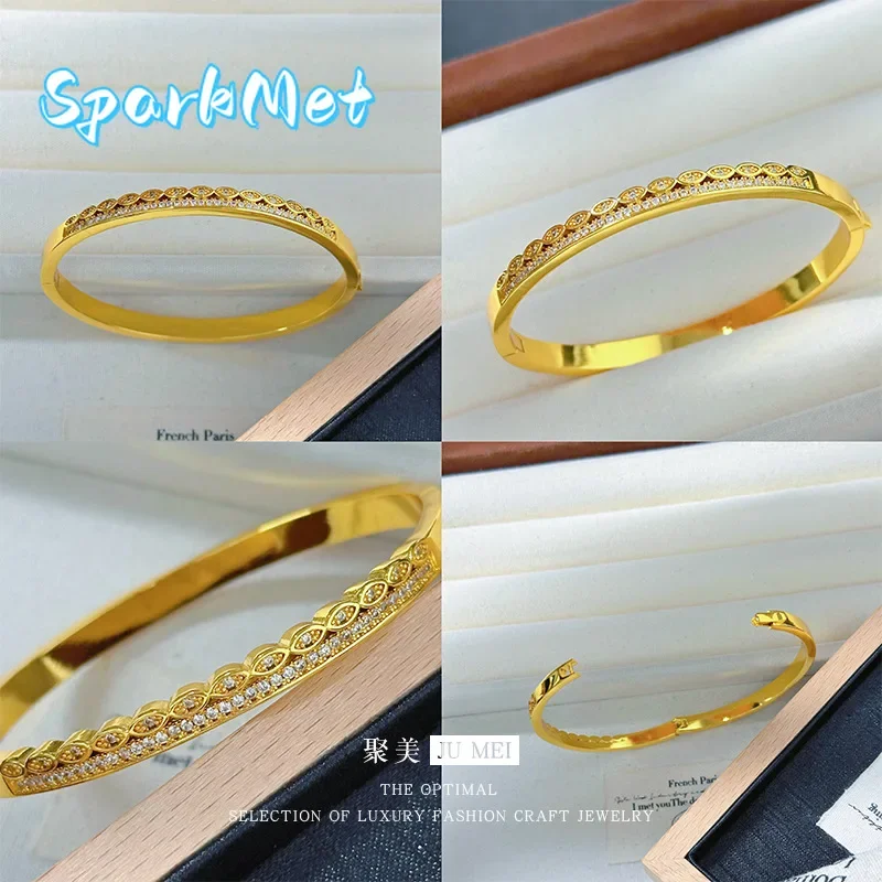 

Sparkmet Light Luxury 9999 24K Real Gold Fashionable Personalized Small Diamond Drawing Zircon Clamping Bracelet 18K Women's Bra
