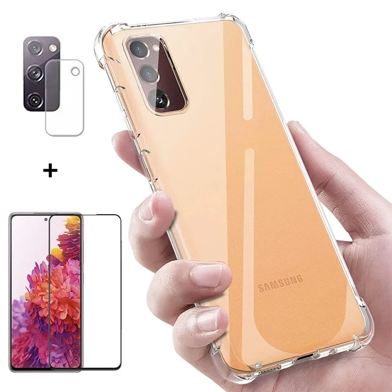 Capas Samsung-s20-fe-5g Transparent Case For Samsung Galaxy S20 FE Case+Glass,Shockproof Bumper Cover S20fe S 20 FE Silicon Case